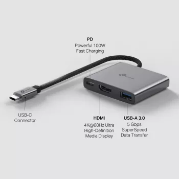 Hub USB Type-C TP-Link UH3020C — 3 puertos (HDMI, USB-A, USB-C), 5 Gbit/s, HDMI 4K@60Hz, PD hasta 100W, aluminio, cable de 0,18 m