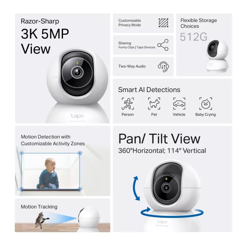 TP-Link Tapo Cámara de seguridad Wi-Fi con IA y giro/inclinación SPEC: 3K 5MP (2880×1620), 2.4 GHz, horizontal 360º