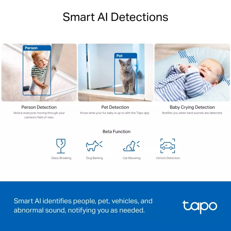 TP-Link Tapo Cámara de seguridad Wi-Fi con IA y giro/inclinación SPEC: 3K 5MP (2880×1620), 2.4 GHz, horizontal 360º