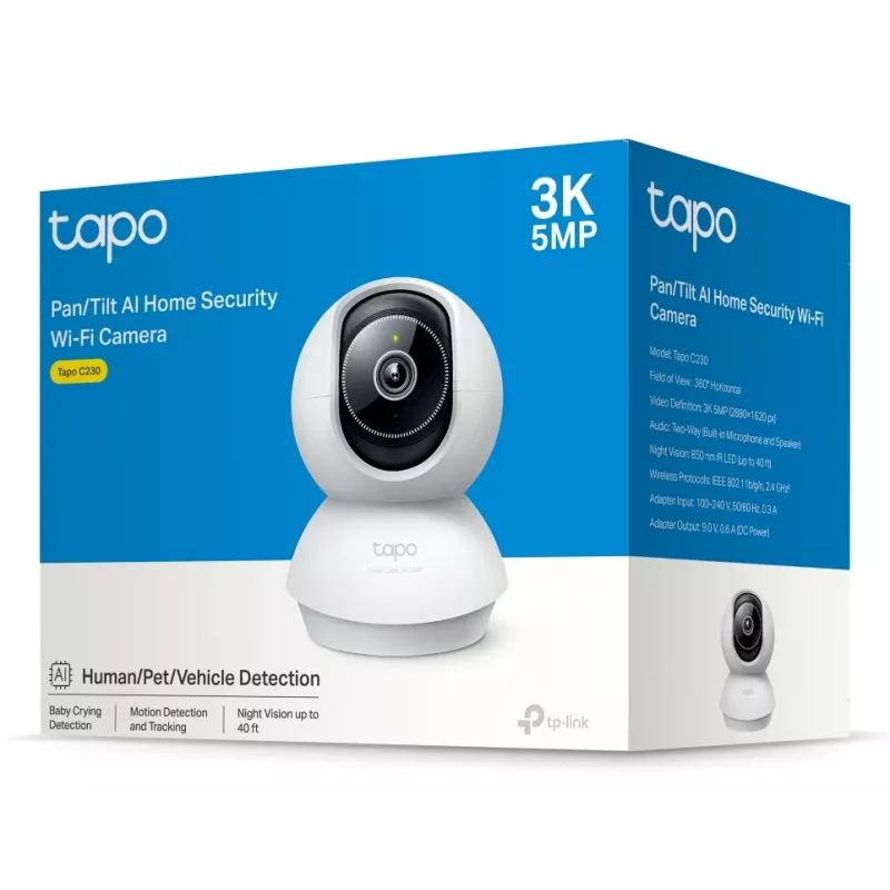 TP-Link Tapo Cámara de seguridad Wi-Fi con IA y giro/inclinación SPEC: 3K 5MP (2880×1620), 2.4 GHz, horizontal 360º