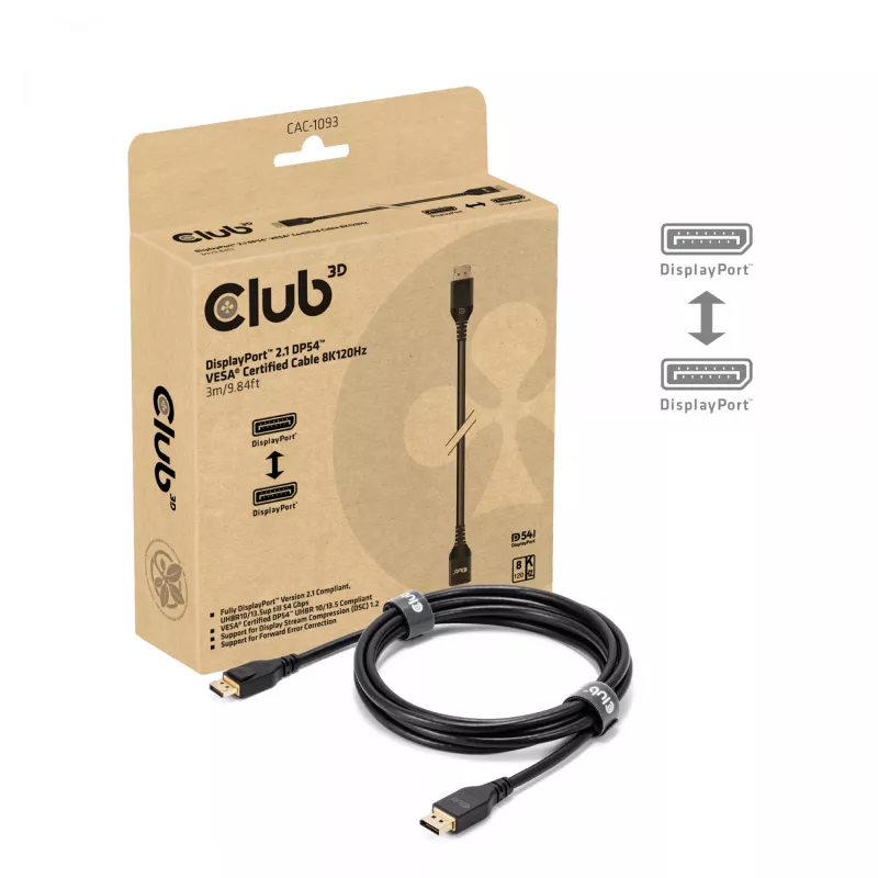 CLUB3D Cable DisplayPort™ 2.1 DP54™ certificado por VESA® 8K120Hz 3m/ 9.84ft