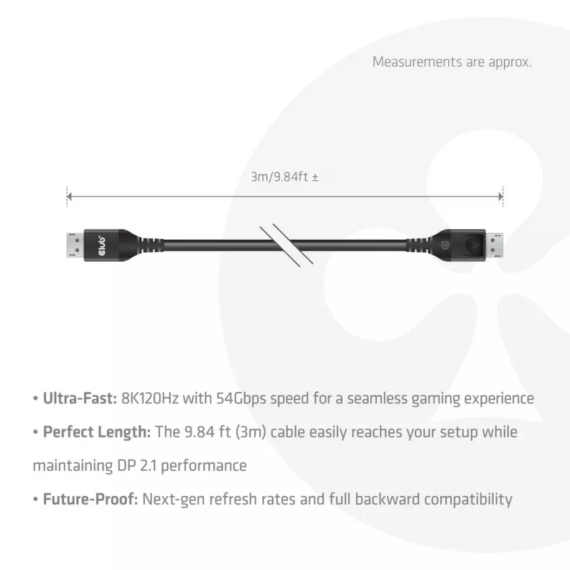CLUB3D Cable DisplayPort™ 2.1 DP54™ certificado por VESA® 8K120Hz 3m/ 9.84ft