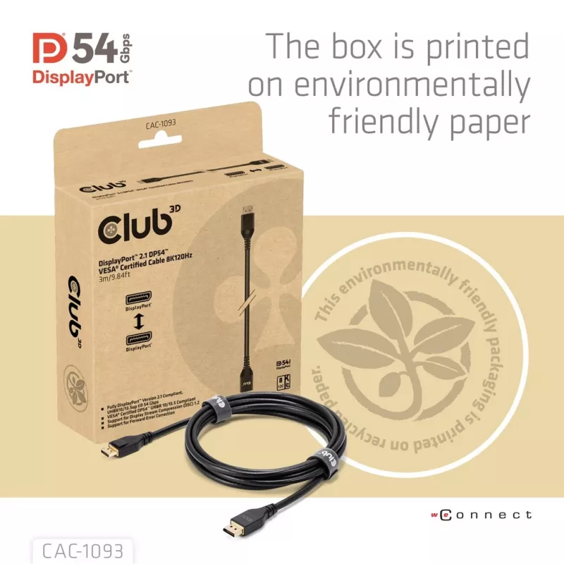 CLUB3D Cable DisplayPort™ 2.1 DP54™ certificado por VESA® 8K120Hz 3m/ 9.84ft
