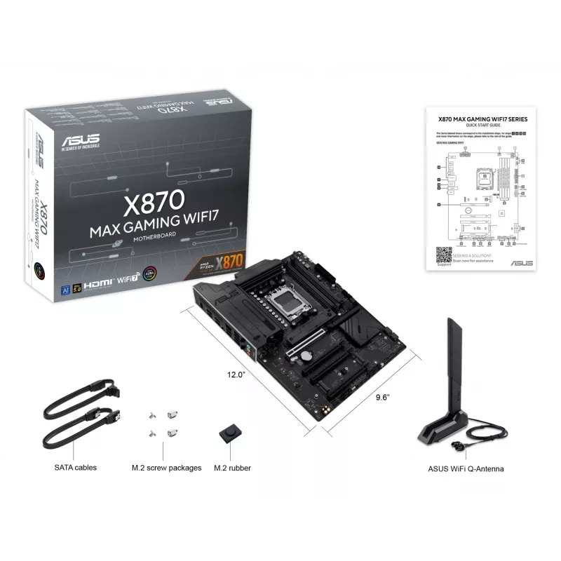 Placa base ASUS X870 MAX GAMING WIFI7 ATX — AMD X870, Socket AM5, DDR5, 4 DIMM, 256 GB, Wi‑Fi 7, Bluetooth 5.4, 3 M.2, 2x USB4 Gen3x2
