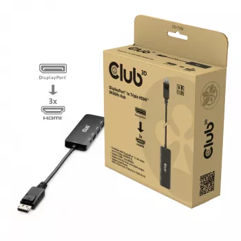 Club 3D CSV-7330 adaptador hub MST de DisplayPort 2.1 a 3x HDMI 2.1, 8K60Hz, 4K120Hz, 13,5 Gbps, HDR, HDCP 2.3, negro
