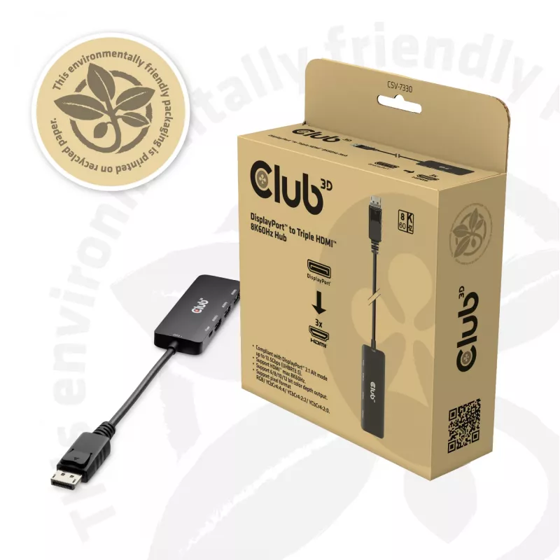 Club 3D CSV-7330 adaptador hub MST de DisplayPort 2.1 a 3x HDMI 2.1, 8K60Hz, 4K120Hz, 13,5 Gbps, HDR, HDCP 2.3, negro