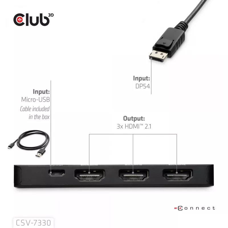 Club 3D CSV-7330 adaptador hub MST de DisplayPort 2.1 a 3x HDMI 2.1, 8K60Hz, 4K120Hz, 13,5 Gbps, HDR, HDCP 2.3, negro