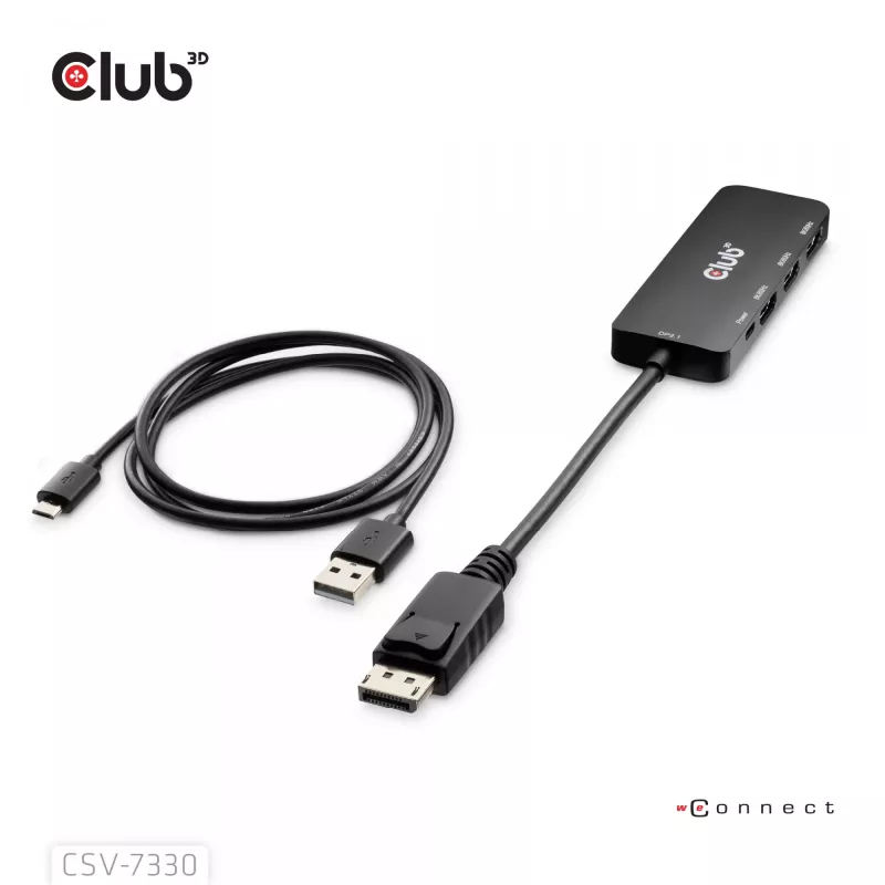 Club 3D CSV-7330 adaptador hub MST de DisplayPort 2.1 a 3x HDMI 2.1, 8K60Hz, 4K120Hz, 13,5 Gbps, HDR, HDCP 2.3, negro