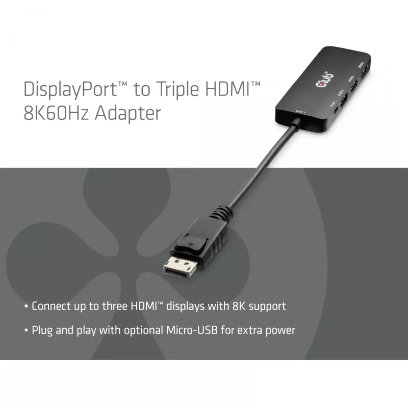 Club 3D CSV-7330 adaptador hub MST de DisplayPort 2.1 a 3x HDMI 2.1, 8K60Hz, 4K120Hz, 13,5 Gbps, HDR, HDCP 2.3, negro