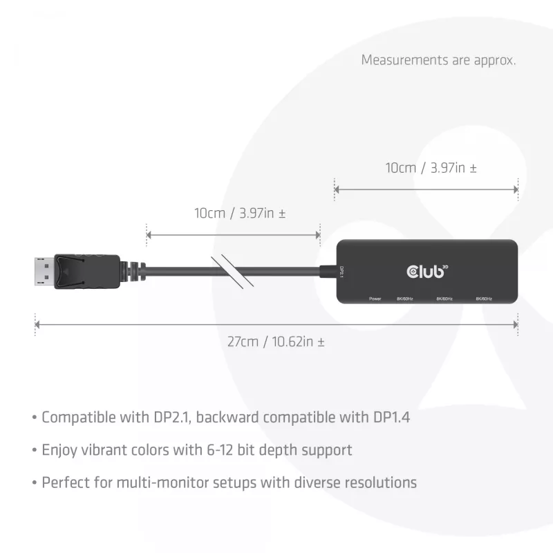 Club 3D CSV-7330 adaptador hub MST de DisplayPort 2.1 a 3x HDMI 2.1, 8K60Hz, 4K120Hz, 13,5 Gbps, HDR, HDCP 2.3, negro