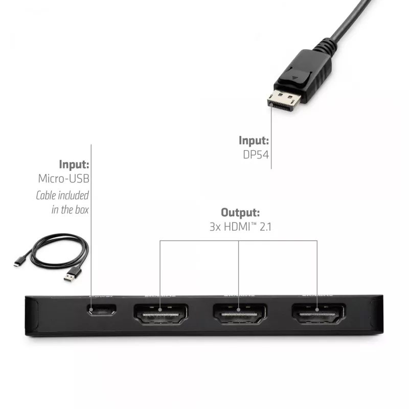 Club 3D CSV-7330 adaptador hub MST de DisplayPort 2.1 a 3x HDMI 2.1, 8K60Hz, 4K120Hz, 13,5 Gbps, HDR, HDCP 2.3, negro