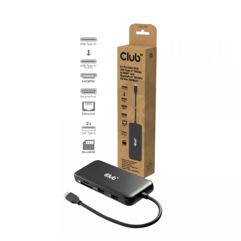 Dock portátil CLUB3D 8-1 USB Type-C® 10Gbps a HDMI™ y DisplayPort™ 8K30Hz PD máx. 100Watt