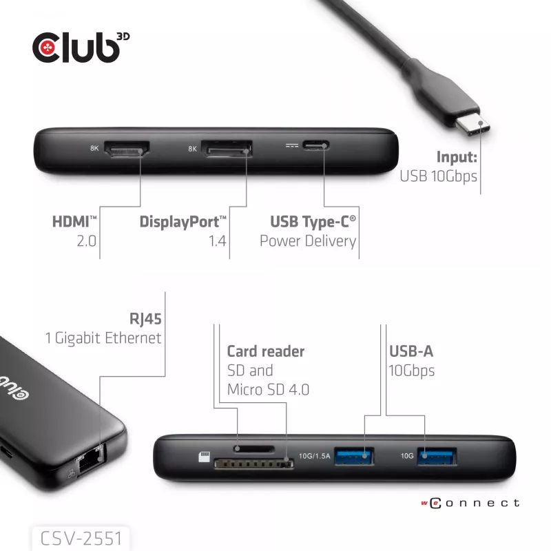 Dock portátil CLUB3D 8-1 USB Type-C® 10Gbps a HDMI™ y DisplayPort™ 8K30Hz PD máx. 100Watt