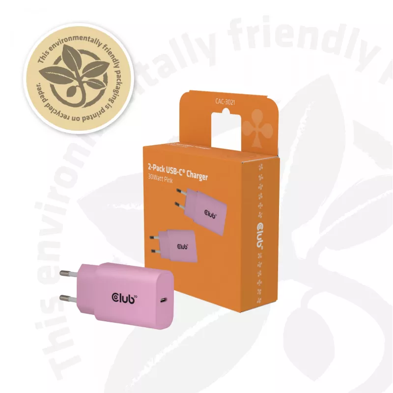 CLUB3D pack de 2 cargadores USB C 30 vatios blanco, interior, AC, rosa
