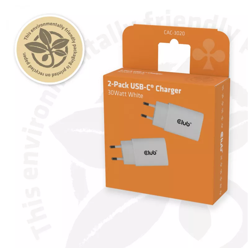 Cargador USB‑C pack de 2 CLUB3D CAC-3020, 30 W en total, blanco