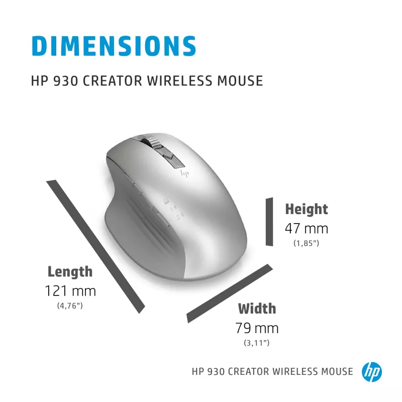 HP 930 Creator Ratón inalámbrico, Diestro, Bluetooth, 3000 DPI, Plata