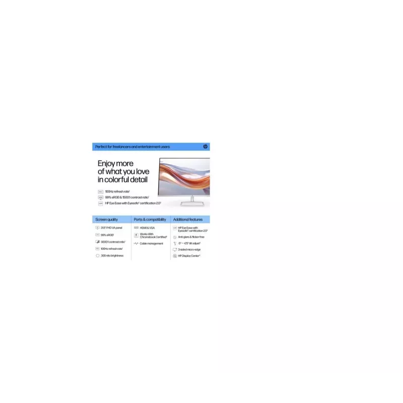 Monitor HP Series 5 FHD 532sf de 31.5 inch, panel VA 1920×1080, 100 Hz, 300 cd/m², contraste 3000:1, HDMI×2 + VGA, inclinable, plateado