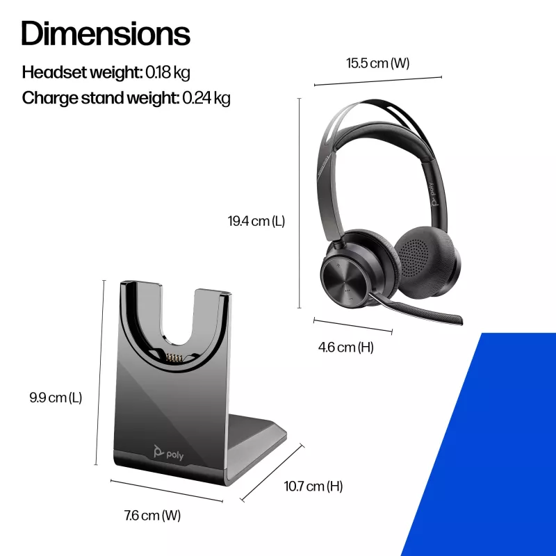 HP Poly Voyager Focus 2 USB-C-C Auriculares +Adaptador USB-C/A +Base de carga
