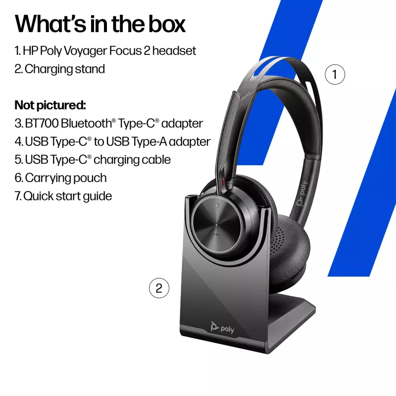 HP Poly Voyager Focus 2 USB-C-C Auriculares +Adaptador USB-C/A +Base de carga