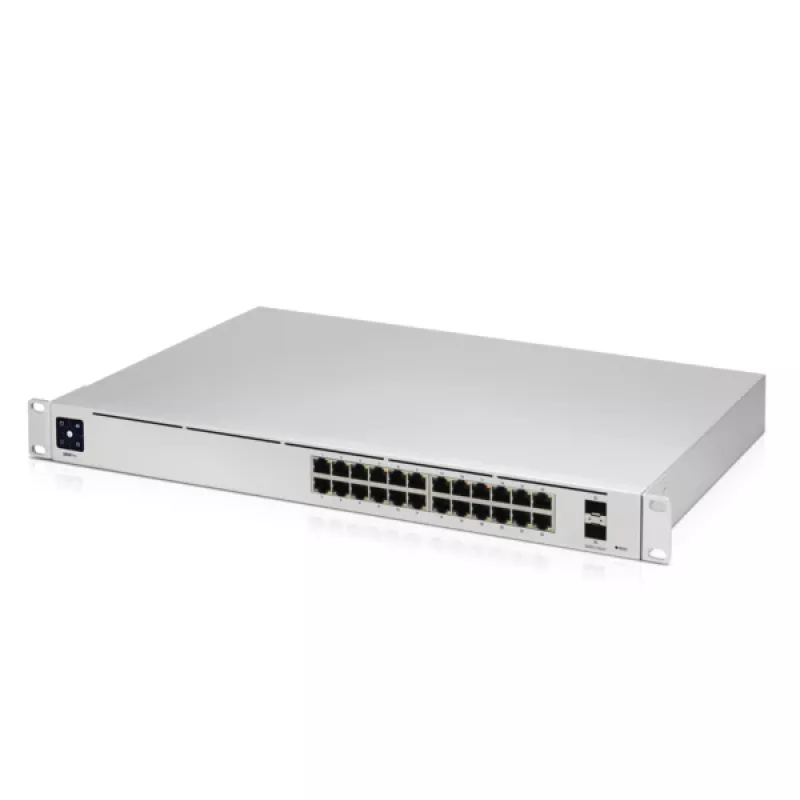 Switch gestionado UBIQUITI USW-PRO-24-EU — 24× Gigabit RJ-45, 2× SFP+, L2/L3, montaje en rack, plateado