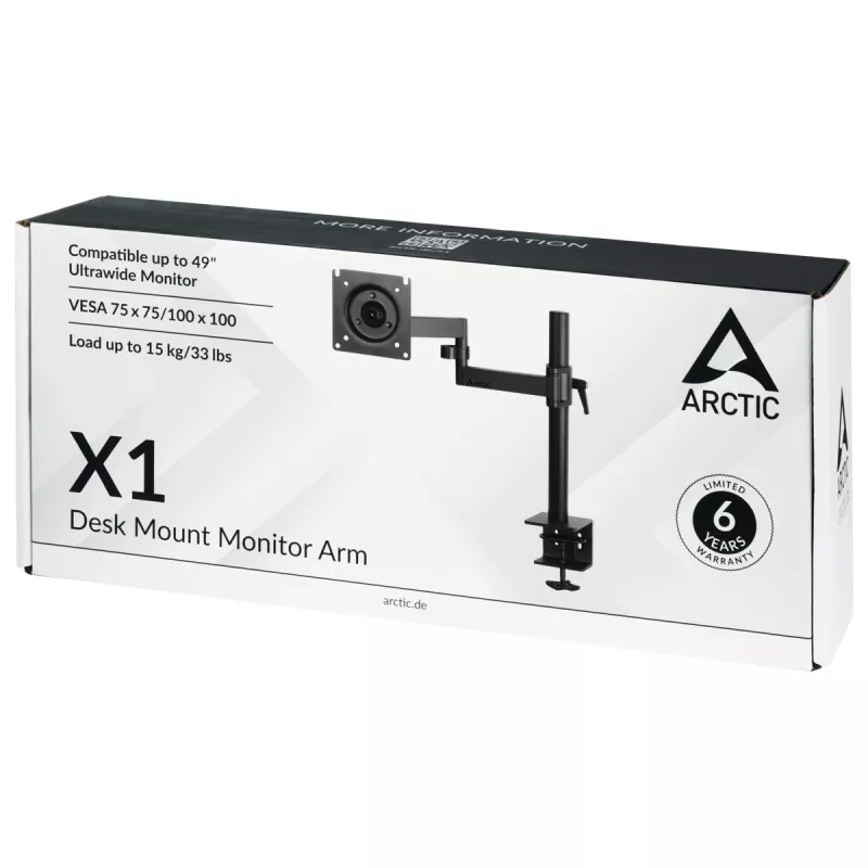 ARCTIC X1 - brazo para monitor de escritorio, fijación por pinza, 10 kg, 101,6 cm (40 pulgadas), 109,2 cm (43 pulgadas), 100 x 100 mm, negro