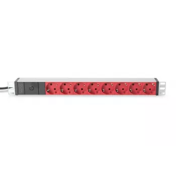 DIGITUS PDU de aluminio 1U, montable en rack, conector 10A, 250VAC 50/60Hz, 8 tomas CEE 7/7 rojas con fusible, conector IEC C14