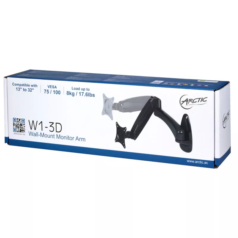 ARCTIC W1-3D - soporte de pared para monitor con tecnología de gas, 8 kg, 33 cm (13 inch), 81,3 cm (32 inch), 75 x 75 mm, 100 x 100 mm, negro