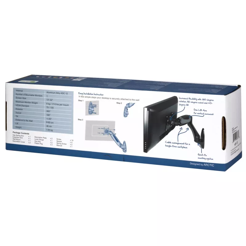 ARCTIC W1-3D - soporte de pared para monitor con tecnología de gas, 8 kg, 33 cm (13 inch), 81,3 cm (32 inch), 75 x 75 mm, 100 x 100 mm, negro