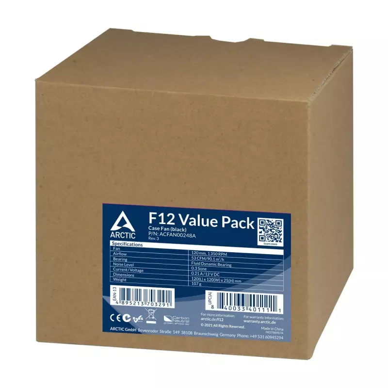 ARCTIC F12 ventilador de caja estándar 120 mm, pack de 5, negro