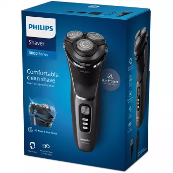 Afeitadora eléctrica Philips 3000 Series S3343/13 — sistema rotatorio de 3 cabezales, húmedo y seco, 60 min de batería, cuchillas PowerCut