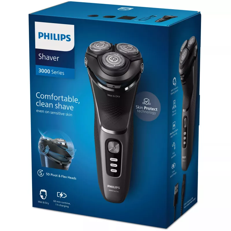 Afeitadora eléctrica Philips 3000 Series S3343/13 — sistema rotatorio de 3 cabezales, húmedo y seco, 60 min de batería, cuchillas PowerCut