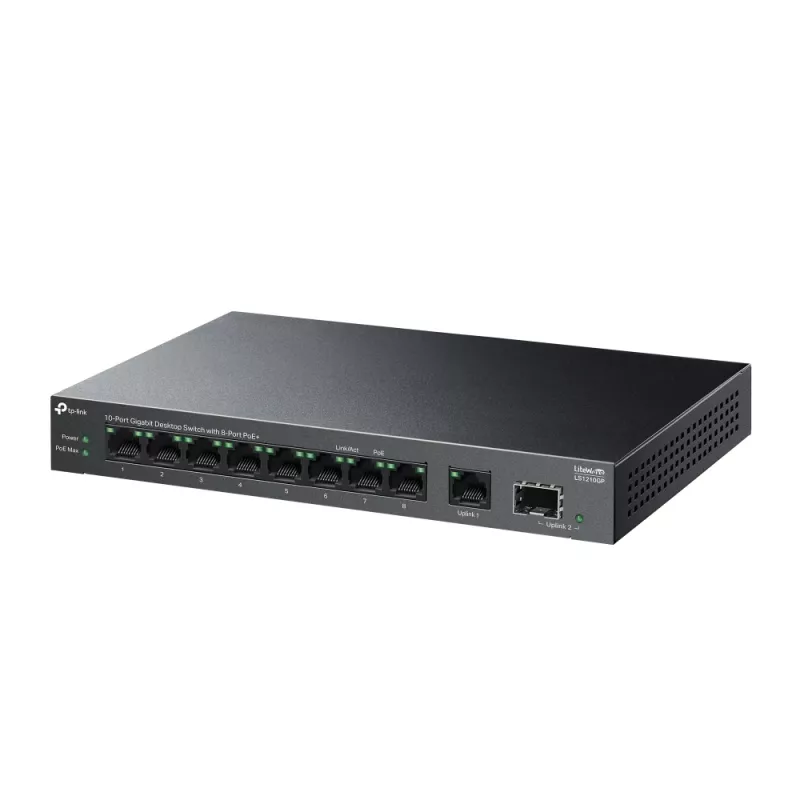 Switch no gestionado TP-LINK LS1210GP 10 puertos Gigabit, 8× PoE+ (61 W total), 1× SFP, 9× RJ‑45 Gigabit