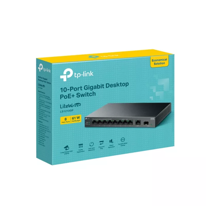 Switch no gestionado TP-LINK LS1210GP 10 puertos Gigabit, 8× PoE+ (61 W total), 1× SFP, 9× RJ‑45 Gigabit