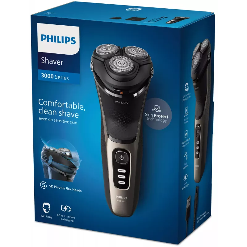Afeitadora eléctrica Philips 3000 Series S3242/12 — sistema rotatorio de 3 cabezales, afeitado en húmedo y en seco, 60 min. de autonomía, litio-ion