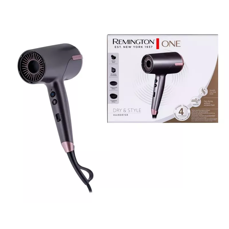 Secador de pelo Remington D6077 2000 W, función iónica, aire frío, difusor, 3 niveles de temperatura, gris/bronce