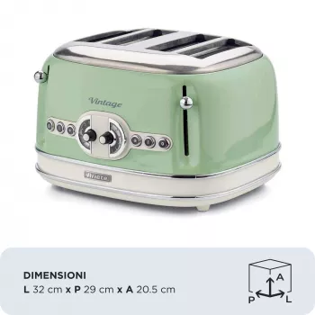 Tostadora vintage Ariete 156 4 rebanadas, 1600 vatios, 6 niveles de tostado, acero inoxidable lacado en verde pastel, sin cestas para sándwich. Verde