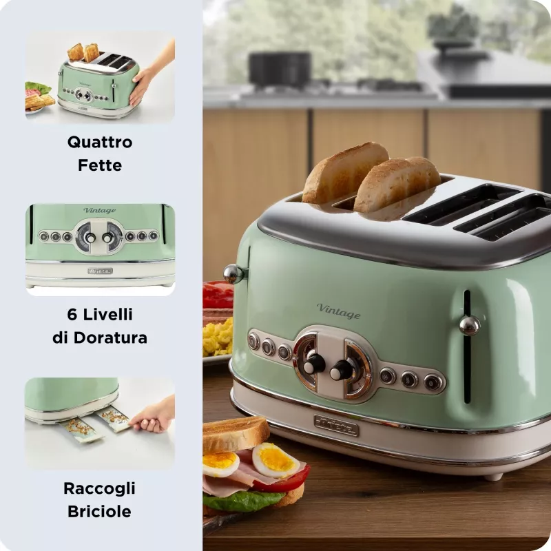 Ariete Vintage 156 tostadora de 4 ranuras, 1600 W, verde claro