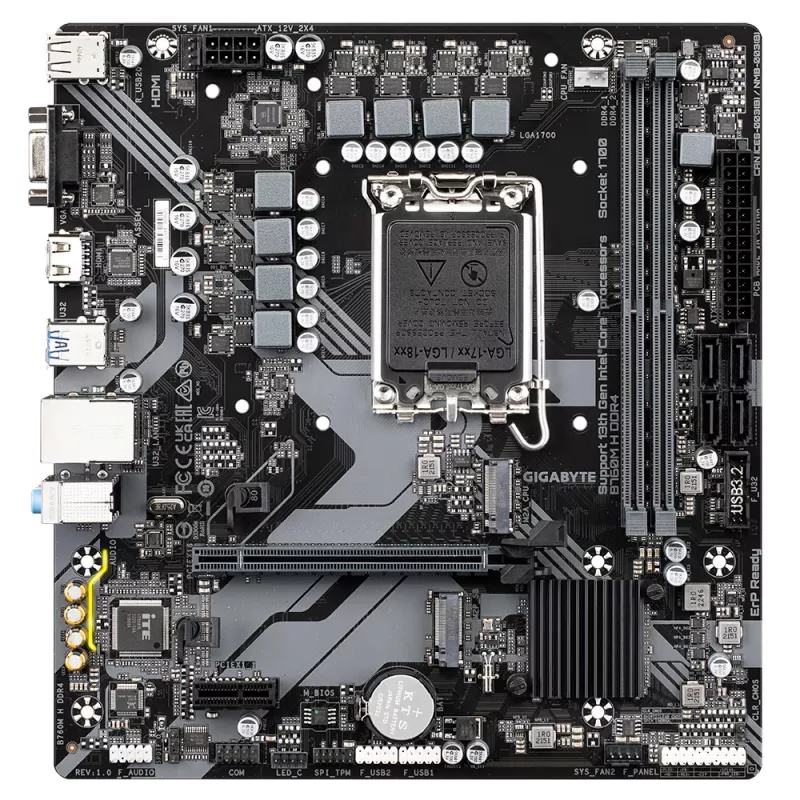 Placa base GIGABYTE B760M H DDR4 - Compatible con procesadores Intel Core de 14.ª generación, VRM digital 6+1+1 fases, hasta 3200MHz DDR4 (OC), 2xPCIe 4.0 M.2, GbE LAN, USB 3.2 Gen1