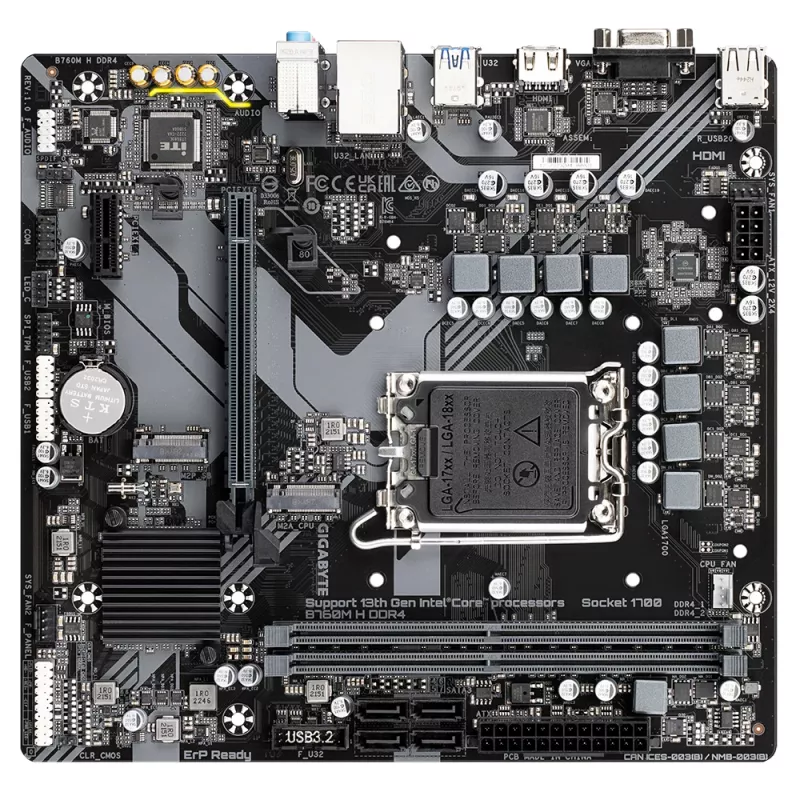 Placa base GIGABYTE B760M H DDR4 - Compatible con procesadores Intel Core de 14.ª generación, VRM digital 6+1+1 fases, hasta 3200MHz DDR4 (OC), 2xPCIe 4.0 M.2, GbE LAN, USB 3.2 Gen1