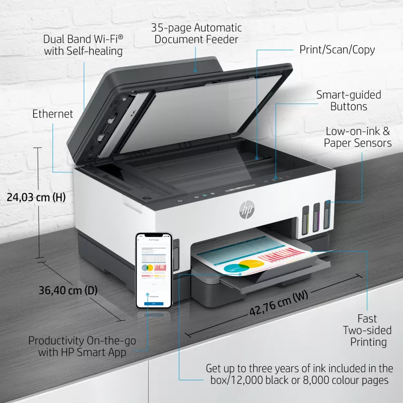 HP Smart Tank 7305 impresora inalámbrica todo en uno color, impresión a doble cara; copiadora, escáner