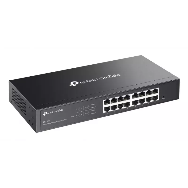 Switch Ethernet Gigabit L2 gestionado TP-Link Omada ES216G — 16 x RJ-45 10/100/1000, 32 Gbit/s, 8000 MAC, negro, montaje en rack