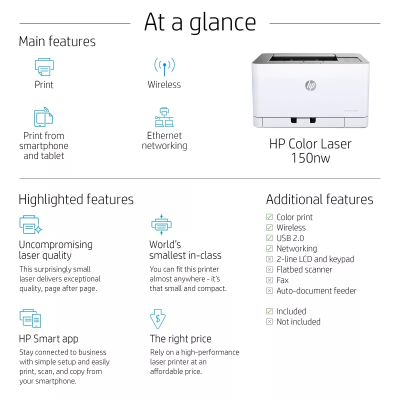HP Color Laser 150nw, láser, color, 600 x 600 DPI, A4, 18 ppm, impresión a doble cara