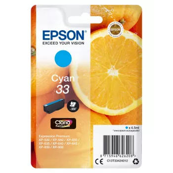 Epson Pack individual naranja Cian 33 Tinta Claria Premium, alcance estándar, Cian, 4,5 ml, 1 ud., 300 páginas