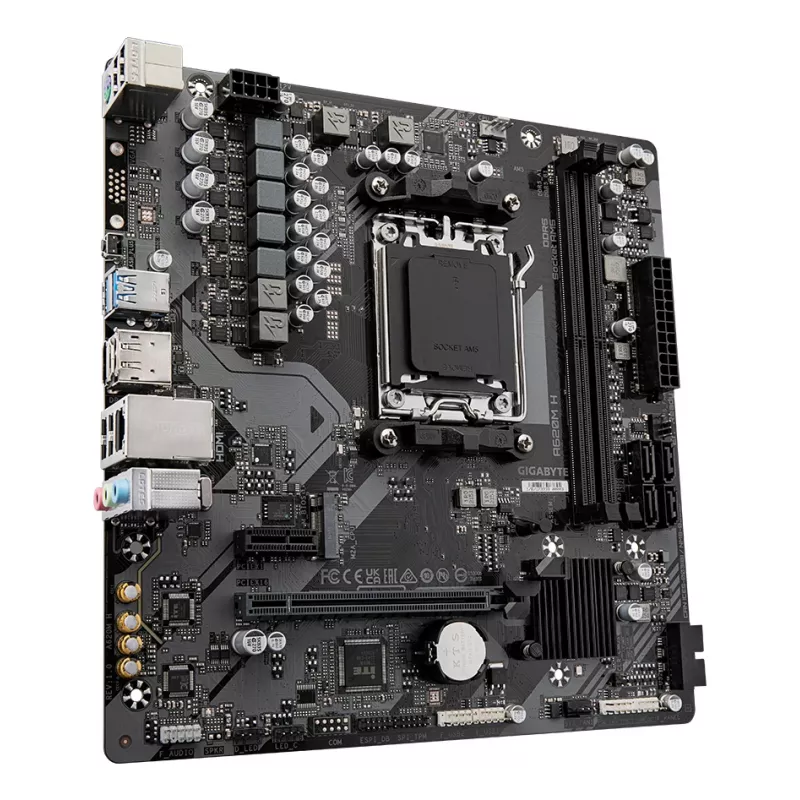 GIGABYTE A620M H placa base - Compatible con CPUs AMD Ryzen 8000, VRM digital 5+2+2 fases, hasta 7200MHz DDR5 (OC), 1xPCIe 4.0 M.2, GbE LAN, USB 3.2 Gen 1