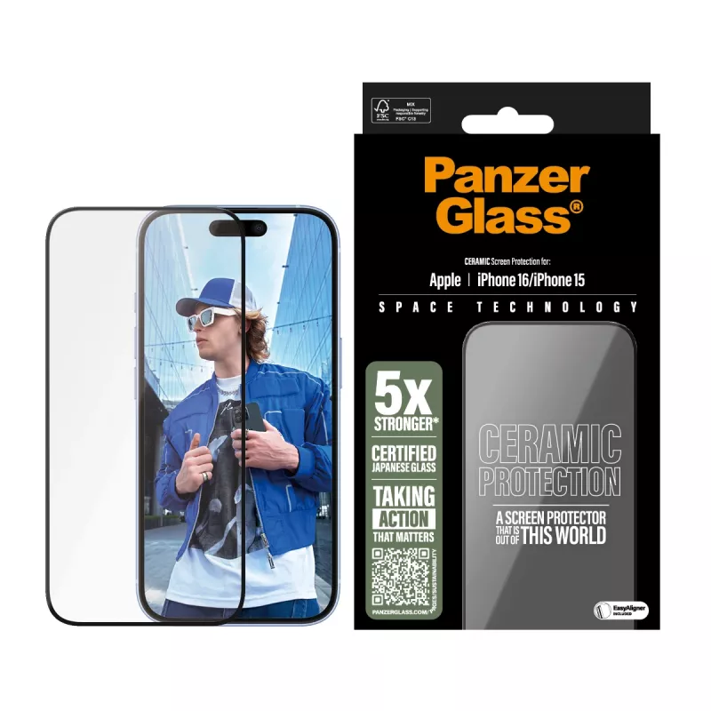 PanzerGlass ® Protector de pantalla cerámico iPhone 16 | 15 | Ultra-Wide Fit con EasyAligner
