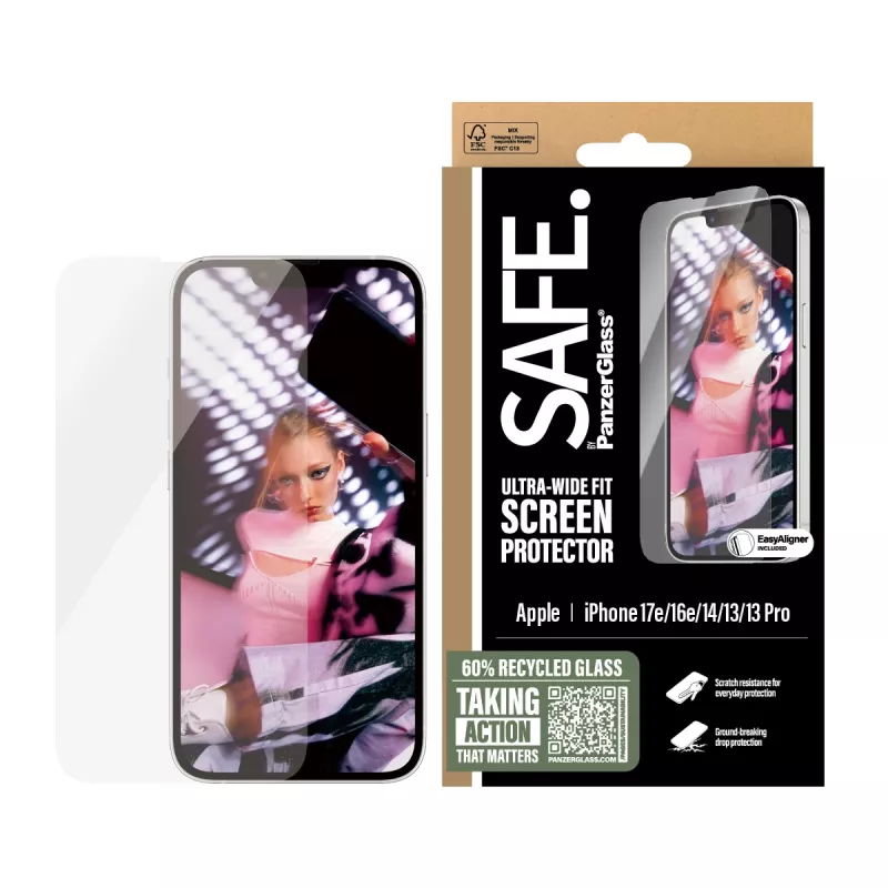 PanzerGlass SAFE. by ® protector de pantalla iPhone 17e | 16e | 14 | 13 | 13 Pro | Ultra-Wide Fit con EasyAligner