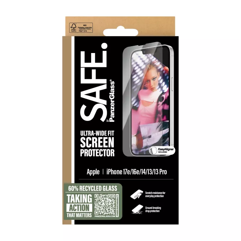 PanzerGlass SAFE. by ® protector de pantalla iPhone 17e | 16e | 14 | 13 | 13 Pro | Ultra-Wide Fit con EasyAligner