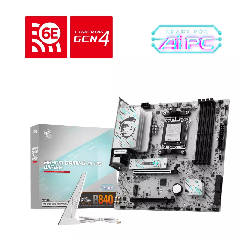 Placa base MSI B840M GAMING PLUS WIFI6E microATX, Socket AM5, DDR5 hasta 256 GB, Wi‑Fi 6E, 2,5GbE, M.2 x2, HDMI 2.1