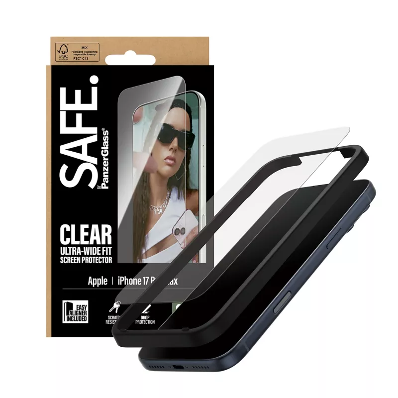 Lámina protectora de pantalla PanzerGlass SAFE. by para iPhone 17 Pro Max — Ultra-Wide Fit, cristal templado, instalación en seco, 1 unidad