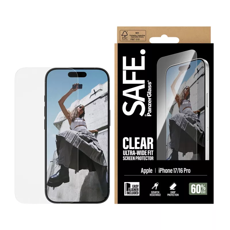 Protector de pantalla PanzerGlass SAFE. by ® iPhone 17 | iPhone 16 Pro | Ultra-Wide Fit con EasyAligner